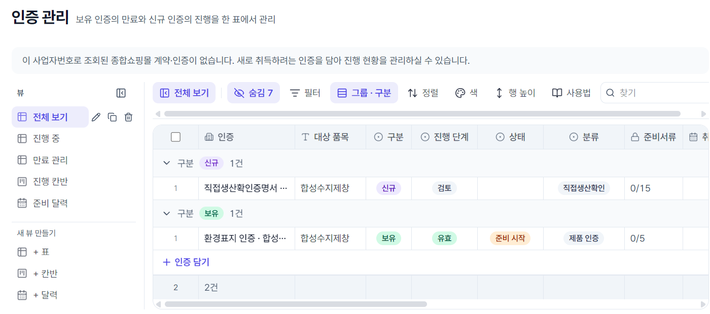 전체 보기 — 신규 묶음과 보유 묶음이 한 표에 (보유 줄은 예시로 담은 줄)