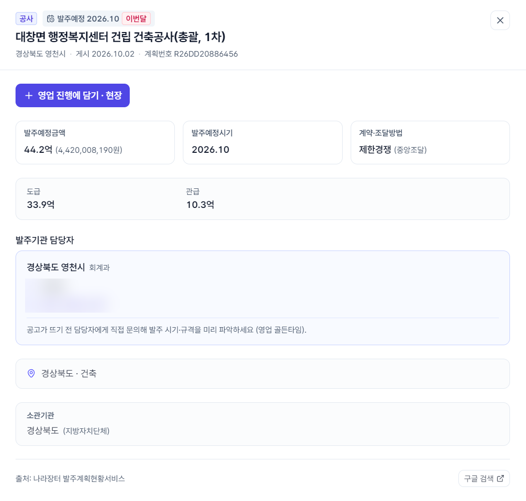 발주계획 상세 창 — 대창면 행정복지센터 건립 건축공사(총괄, 1차), 발주예정금액 44.2억, 제한경쟁(중앙조달), 도급 33.9억·관급 10.3억, 발주기관 담당자, 「+ 영업 진행에 담기 · 현장」 단추 (담당자 이름·전화번호는 가림)