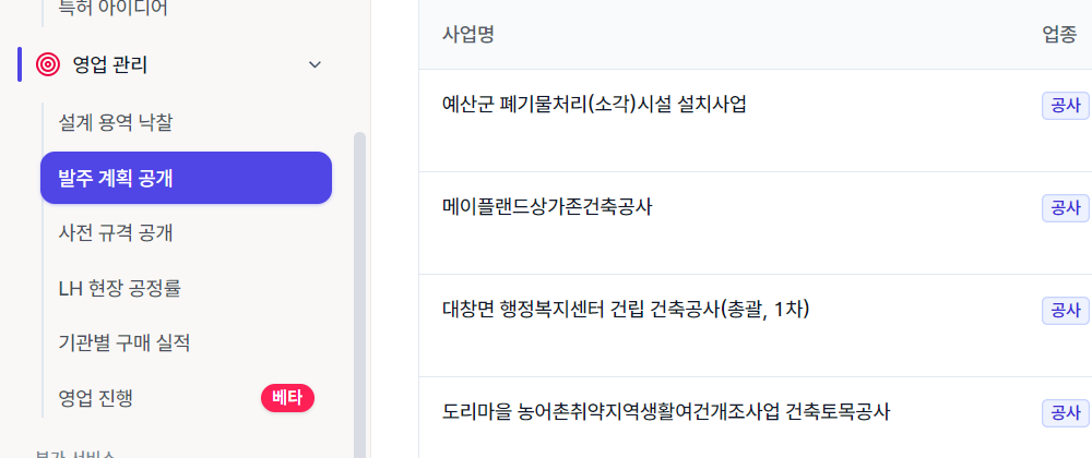 시프티드 사이드바 「영업 관리」 묶음 — 설계 용역 낙찰, 발주 계획 공개, 사전 규격 공개, LH 현장 공정률, 기관별 구매 실적, 영업 진행