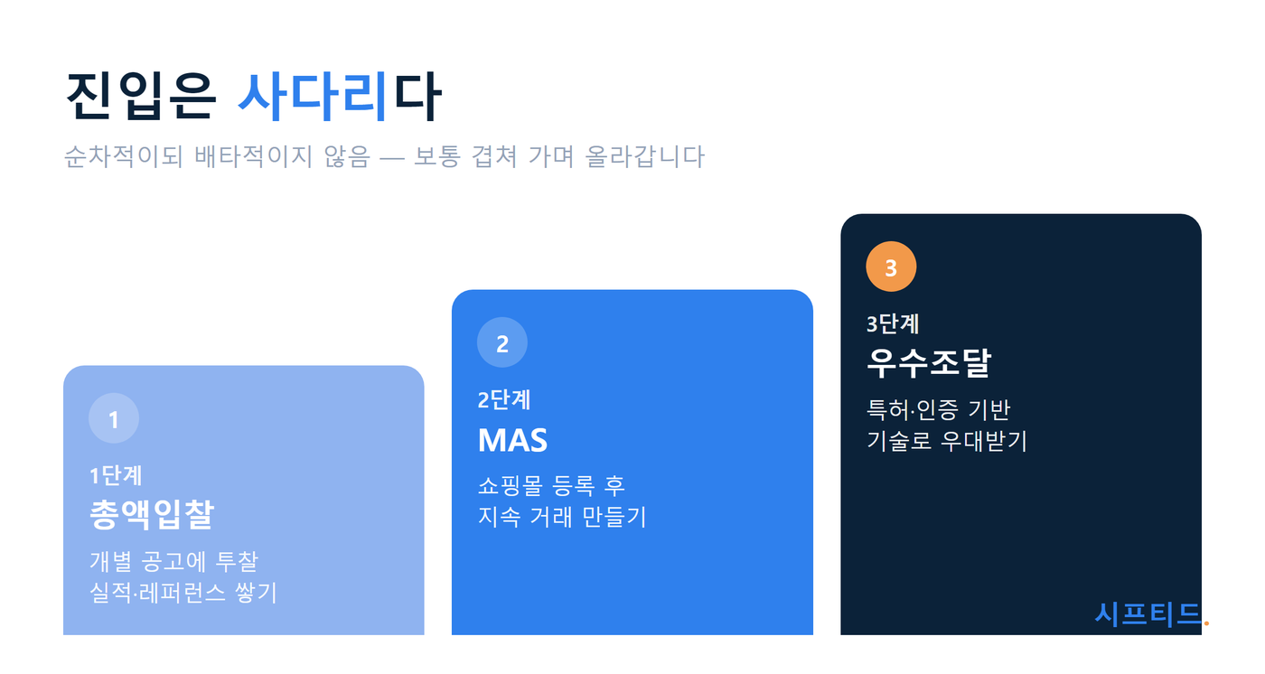진입은 3단 사다리 — 총액입찰·MAS·우수조달